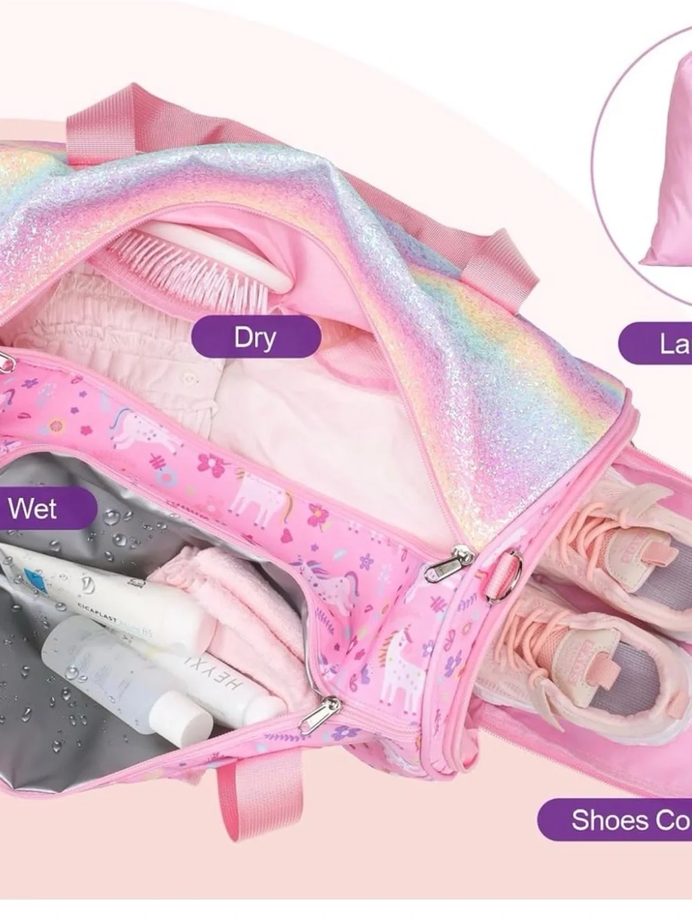 Kids Pink Unicorn Duffle dance Bag - Glitter Rainbow Travel Tote